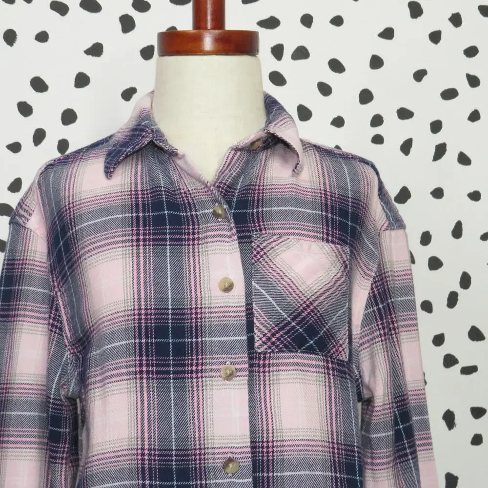 Justice Pink Perfectly Plaid Print Long Sleeve Girls Button Up Shirt - Picture 2 of 6